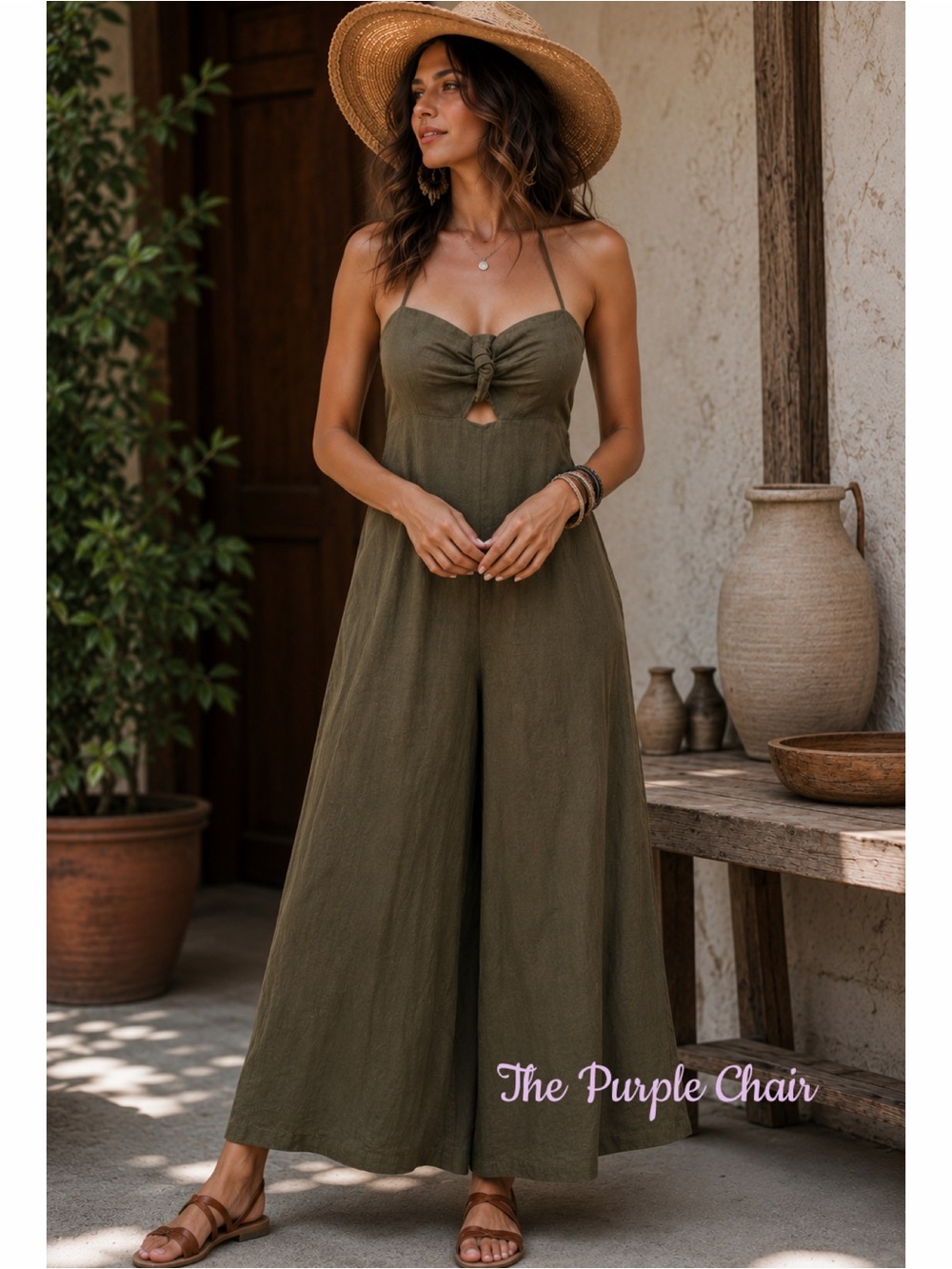 Elevenses ANTHROPOLOGIE Olive Halter Tie Linen Blend Wide Leg Jumpsuit 14